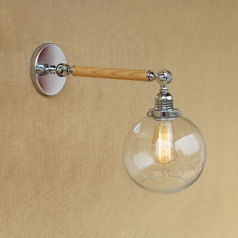Vintage Orb Wall Lighting Fixture 1 Bulb Clear Glass Sconce Light in Chrome for Bathroom, 8"/4"/6" Wide Wooden Arm Clearhalo 'Industrial wall lights' 'Industrial' 'Middle century wall lights' 'Rustic wall lights' 'Tiffany' 'Wall Lamps & Sconces' 'Wall Lights' Lighting' 1419898