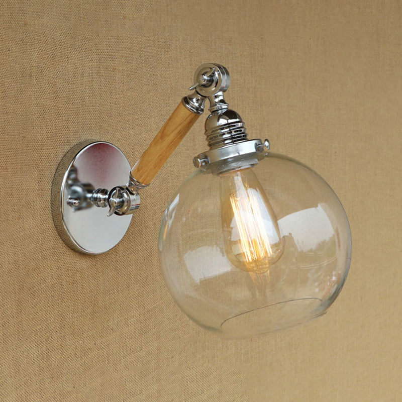 Vintage Orb Wall Lighting Fixture 1 Bulb Clear Glass Sconce Light in Chrome for Bathroom, 8"/4"/6" Wide Wooden Arm Clearhalo 'Industrial wall lights' 'Industrial' 'Middle century wall lights' 'Rustic wall lights' 'Tiffany' 'Wall Lamps & Sconces' 'Wall Lights' Lighting' 1419899