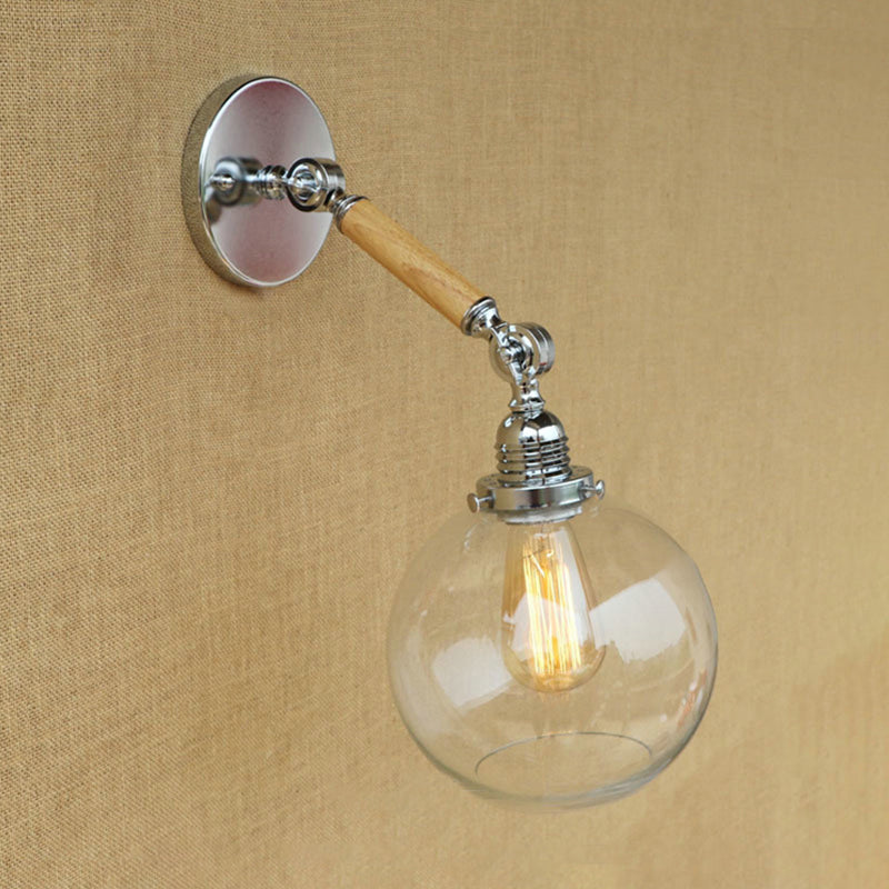 Vintage Orb Wall Lighting Fixture 1 Bulb Clear Glass Sconce Light in Chrome for Bathroom, 8"/4"/6" Wide Wooden Arm Clearhalo 'Industrial wall lights' 'Industrial' 'Middle century wall lights' 'Rustic wall lights' 'Tiffany' 'Wall Lamps & Sconces' 'Wall Lights' Lighting' 1419900