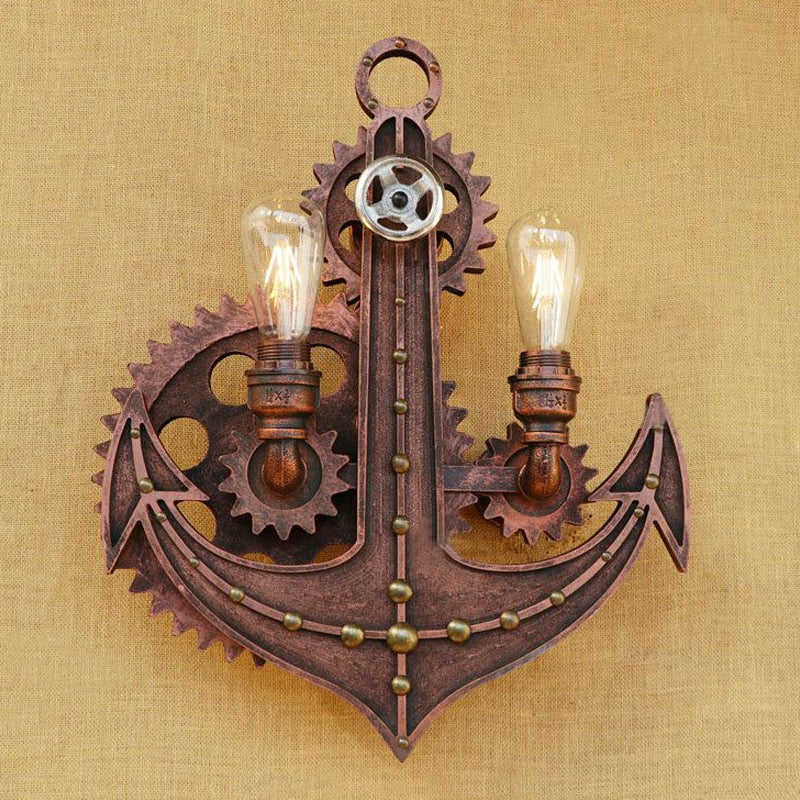 2 Bulbs Anchor Wall Mount Light with Gear Deco Antique Style Aged Brass/Rust Wrought Iron Sconce Lamp for Restaurant Clearhalo 'Art deco wall lights' 'Cast Iron' 'Glass' 'Industrial wall lights' 'Industrial' 'Middle century wall lights' 'Modern' 'Rustic wall lights' 'Tiffany' 'Traditional wall lights' 'Wall Lamps & Sconces' 'Wall Lights' Lighting' 1419905