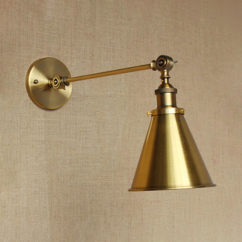 1 Light Wall Sconce Light with Tapered Shade Metallic Vintage Indoor Wall Lighting in Brass, 8"/12" Dia Clearhalo 'Art deco wall lights' 'Cast Iron' 'Glass' 'Industrial wall lights' 'Industrial' 'Middle century wall lights' 'Modern' 'Rustic wall lights' 'Tiffany' 'Traditional wall lights' 'Wall Lamps & Sconces' 'Wall Lights' Lighting' 1419912