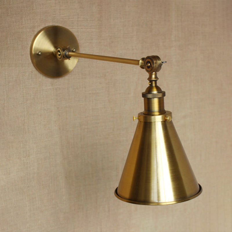 1 Light Wall Sconce Light with Tapered Shade Metallic Vintage Indoor Wall Lighting in Brass, 8"/12" Dia Clearhalo 'Art deco wall lights' 'Cast Iron' 'Glass' 'Industrial wall lights' 'Industrial' 'Middle century wall lights' 'Modern' 'Rustic wall lights' 'Tiffany' 'Traditional wall lights' 'Wall Lamps & Sconces' 'Wall Lights' Lighting' 1419914