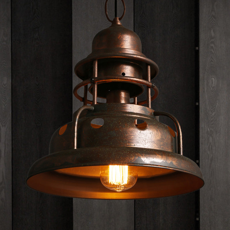 Farmhouse Barn Pendant Lighting 1 Head Wrought Iron Hanging Fixture with Hole Design in Weathered Copper Clearhalo 'Art Deco Pendants' 'Cast Iron' 'Ceiling Lights' 'Ceramic' 'Crystal' 'Industrial Pendants' 'Industrial' 'Metal' 'Middle Century Pendants' 'Pendant Lights' 'Pendants' 'Tiffany' Lighting' 1419989