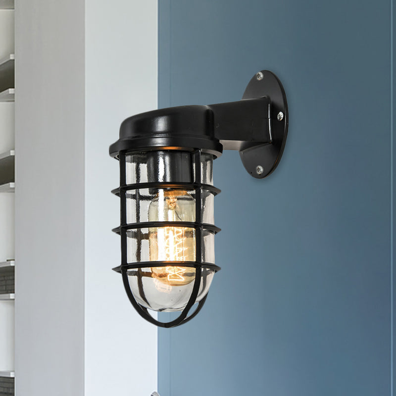 Clear Glass Black/White/Rust Sconce Light Cylinder 1-Light Traditional Wall Lamp Fixture for Porch with Caged Clearhalo 'Art deco wall lights' 'Cast Iron' 'Glass' 'Industrial wall lights' 'Industrial' 'Middle century wall lights' 'Modern' 'Rustic wall lights' 'Tiffany' 'Traditional wall lights' 'Wall Lamps & Sconces' 'Wall Lights' Lighting' 1420004