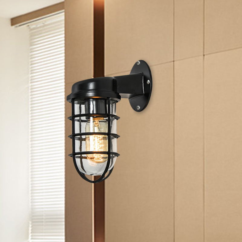Clear Glass Black/White/Rust Sconce Light Cylinder 1-Light Traditional Wall Lamp Fixture for Porch with Caged Clearhalo 'Art deco wall lights' 'Cast Iron' 'Glass' 'Industrial wall lights' 'Industrial' 'Middle century wall lights' 'Modern' 'Rustic wall lights' 'Tiffany' 'Traditional wall lights' 'Wall Lamps & Sconces' 'Wall Lights' Lighting' 1420005