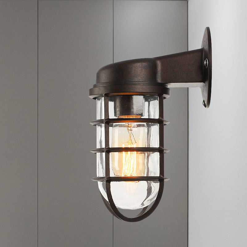 Clear Glass Black/White/Rust Sconce Light Cylinder 1-Light Traditional Wall Lamp Fixture for Porch with Caged Clearhalo 'Art deco wall lights' 'Cast Iron' 'Glass' 'Industrial wall lights' 'Industrial' 'Middle century wall lights' 'Modern' 'Rustic wall lights' 'Tiffany' 'Traditional wall lights' 'Wall Lamps & Sconces' 'Wall Lights' Lighting' 1420008
