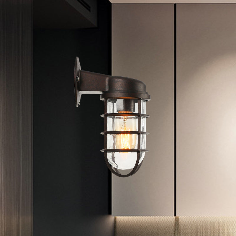 Clear Glass Black/White/Rust Sconce Light Cylinder 1-Light Traditional Wall Lamp Fixture for Porch with Caged Clearhalo 'Art deco wall lights' 'Cast Iron' 'Glass' 'Industrial wall lights' 'Industrial' 'Middle century wall lights' 'Modern' 'Rustic wall lights' 'Tiffany' 'Traditional wall lights' 'Wall Lamps & Sconces' 'Wall Lights' Lighting' 1420009