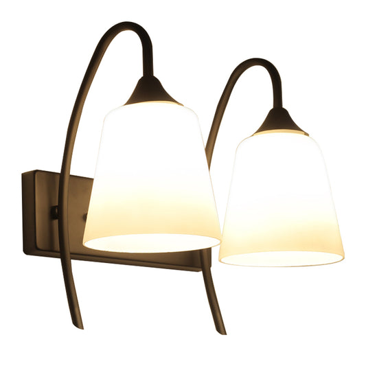 2-Bulb Frosted Glass Sconce Light Fixture Industrial Black Tapered Bedroom Wall Lamp Clearhalo 'Cast Iron' 'Glass' 'Industrial' 'Modern wall lights' 'Modern' 'Tiffany' 'Traditional wall lights' 'Wall Lamps & Sconces' 'Wall Lights' Lighting' 142000