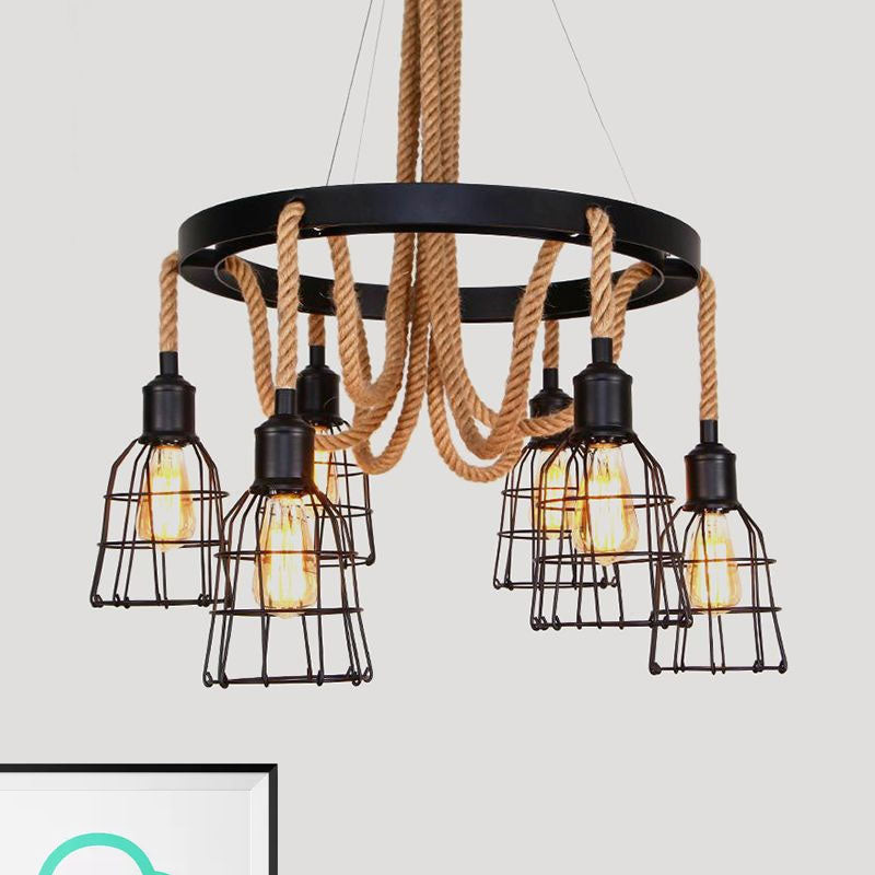 Black Multi Light Chandelier Pendant Light Vintage Style Metal Global/Bell Cage Pendant Lamp with Rope Clearhalo 'Ceiling Lights' 'Chandeliers' 'Industrial Chandeliers' 'Industrial' 'Middle Century Chandeliers' 'Tiffany' Lighting' 1420035
