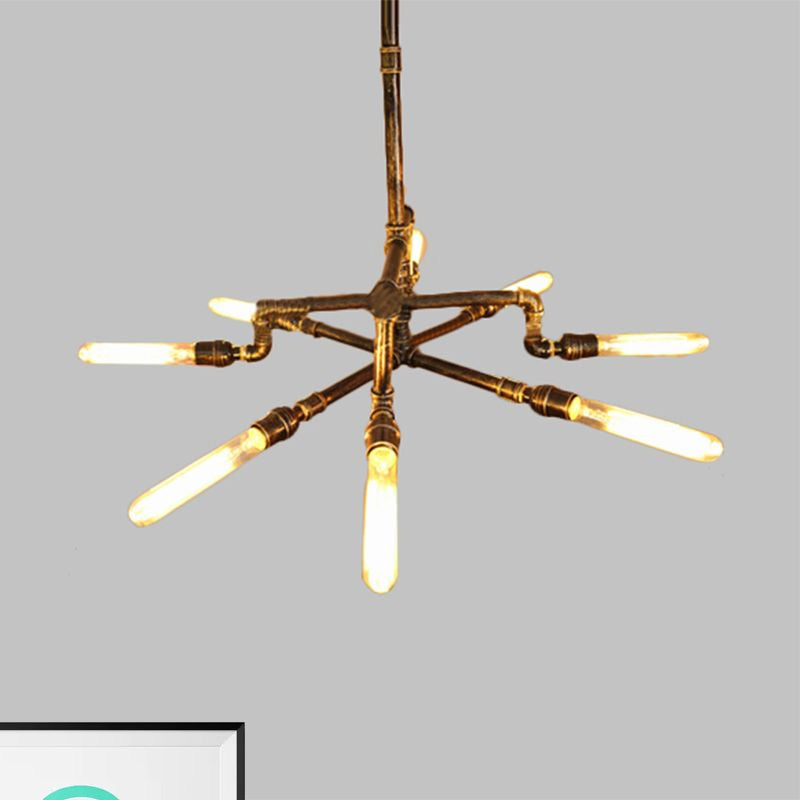 Bronze 8 Lights Chandelier Lamp Farmhouse Style Wrought Iron Pipe Ceiling Light with Rod for Indoor Clearhalo 'Cast Iron' 'Ceiling Lights' 'Chandeliers' 'Industrial Chandeliers' 'Industrial' 'Metal' 'Middle Century Chandeliers' 'Rustic Chandeliers' 'Tiffany' Lighting' 1420053