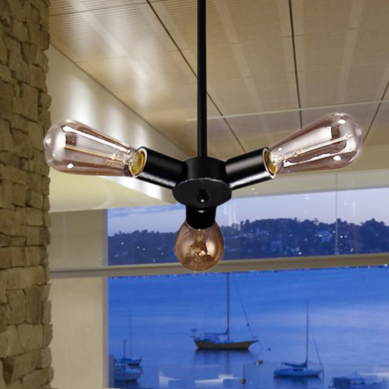 3/4/5 Lights Bare Bulb Chandelier Light Vintage Black Finish Metal Ceiling Light with Hanging Rod for Bar Clearhalo 'Cast Iron' 'Ceiling Lights' 'Chandeliers' 'Industrial Chandeliers' 'Industrial' 'Metal' 'Middle Century Chandeliers' 'Rustic Chandeliers' 'Tiffany' Lighting' 1420068