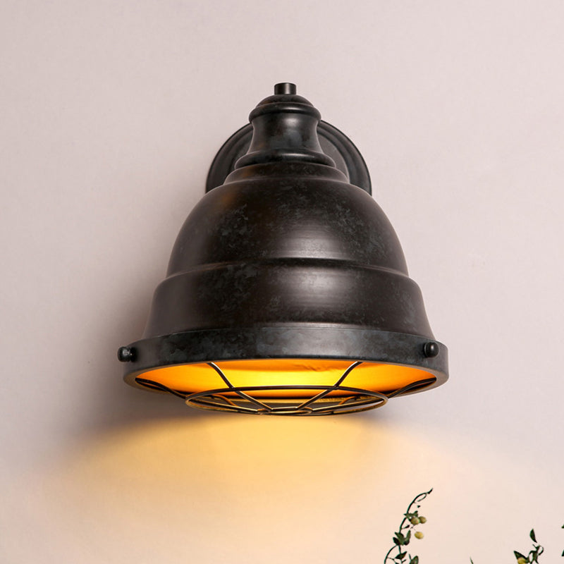 1 Light Dome Wall Lamp with Wire Cage Vintage Style Black/Weathered Copper Iron Wall Sconce for Staircase Clearhalo 'Art deco wall lights' 'Cast Iron' 'Glass' 'Industrial wall lights' 'Industrial' 'Middle century wall lights' 'Modern' 'Rustic wall lights' 'Tiffany' 'Traditional wall lights' 'Wall Lamps & Sconces' 'Wall Lights' Lighting' 1420095