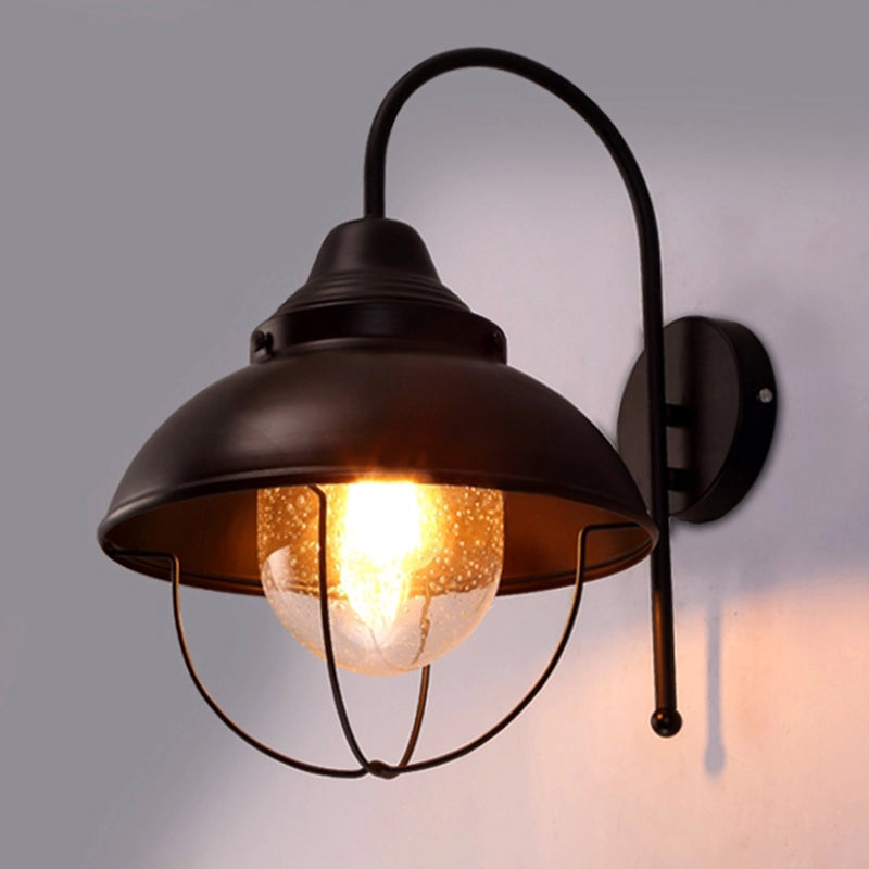 Farmhouse Dome Wall Light Fixture 1 Light Metal Sconce Lighting with Cage and Seeded Glass Shade in Black Clearhalo 'Art deco wall lights' 'Cast Iron' 'Glass' 'Industrial wall lights' 'Industrial' 'Middle century wall lights' 'Modern' 'Rustic wall lights' 'Tiffany' 'Traditional wall lights' 'Wall Lamps & Sconces' 'Wall Lights' Lighting' 1420098