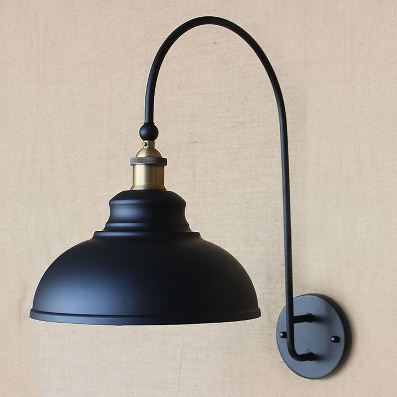 1 Bulb Wall Lighting with Bowl Shade and Arched Arm Iron Industrial Style Bedside Wall Sconce in Black Clearhalo 'Art deco wall lights' 'Cast Iron' 'Glass' 'Industrial wall lights' 'Industrial' 'Middle century wall lights' 'Modern' 'Rustic wall lights' 'Tiffany' 'Traditional wall lights' 'Wall Lamps & Sconces' 'Wall Lights' Lighting' 1420112