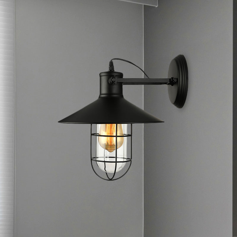 1 Light Clear Glass Wall Sconce Light Traditional Black/Rust Caged Coffee Shop Lighting Fixture Clearhalo 'Art deco wall lights' 'Cast Iron' 'Glass' 'Industrial wall lights' 'Industrial' 'Middle century wall lights' 'Modern' 'Rustic wall lights' 'Tiffany' 'Traditional wall lights' 'Wall Lamps & Sconces' 'Wall Lights' Lighting' 1420115