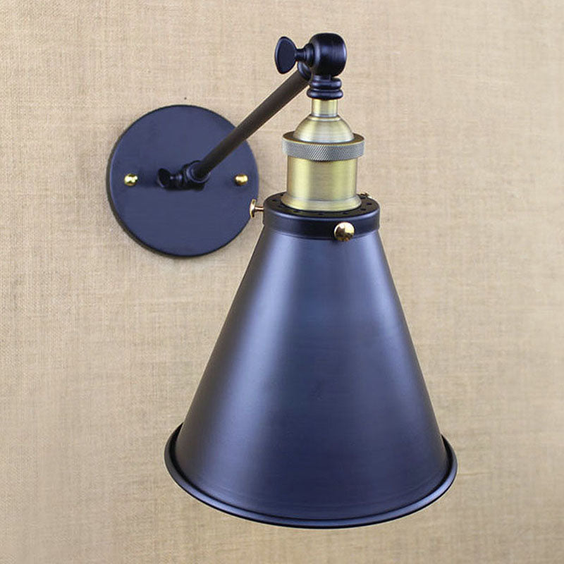 Industrial Conic Shade Sconce Wall Lighting 1 Bulb Metallic Wall Mounted Lamp in Black for Corridor Clearhalo 'Art deco wall lights' 'Cast Iron' 'Glass' 'Industrial wall lights' 'Industrial' 'Middle century wall lights' 'Modern' 'Rustic wall lights' 'Tiffany' 'Traditional wall lights' 'Wall Lamps & Sconces' 'Wall Lights' Lighting' 1420170