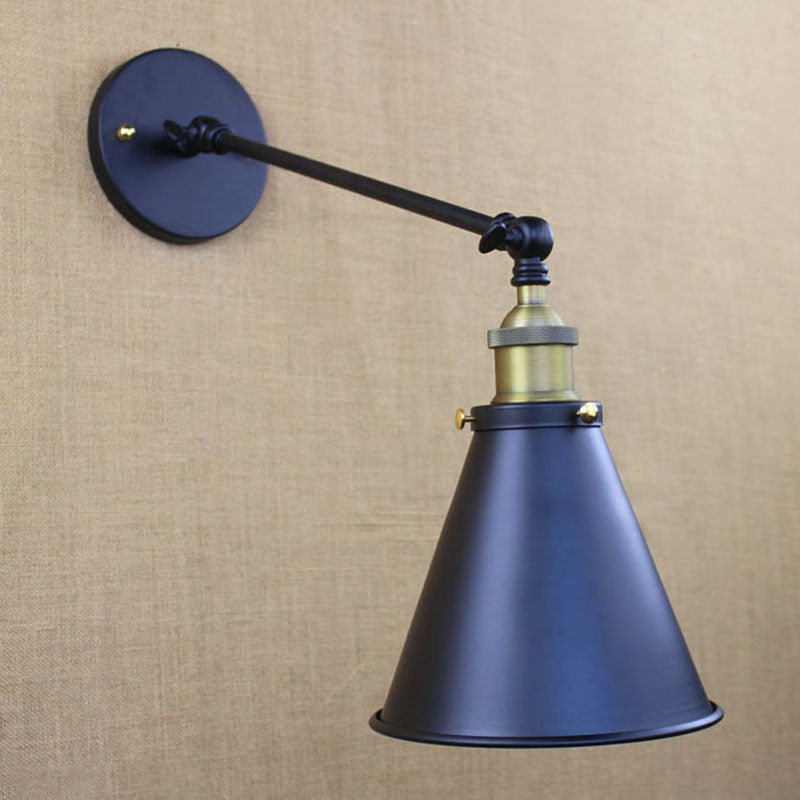 Industrial Conic Shade Sconce Wall Lighting 1 Bulb Metallic Wall Mounted Lamp in Black for Corridor Clearhalo 'Art deco wall lights' 'Cast Iron' 'Glass' 'Industrial wall lights' 'Industrial' 'Middle century wall lights' 'Modern' 'Rustic wall lights' 'Tiffany' 'Traditional wall lights' 'Wall Lamps & Sconces' 'Wall Lights' Lighting' 1420171
