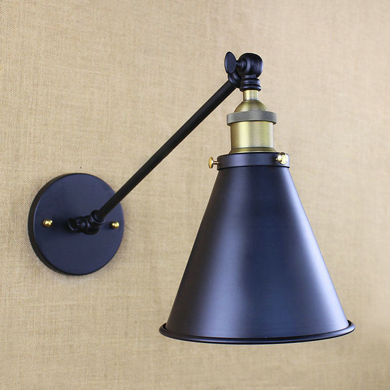 Industrial Conic Shade Sconce Wall Lighting 1 Bulb Metallic Wall Mounted Lamp in Black for Corridor Clearhalo 'Art deco wall lights' 'Cast Iron' 'Glass' 'Industrial wall lights' 'Industrial' 'Middle century wall lights' 'Modern' 'Rustic wall lights' 'Tiffany' 'Traditional wall lights' 'Wall Lamps & Sconces' 'Wall Lights' Lighting' 1420172