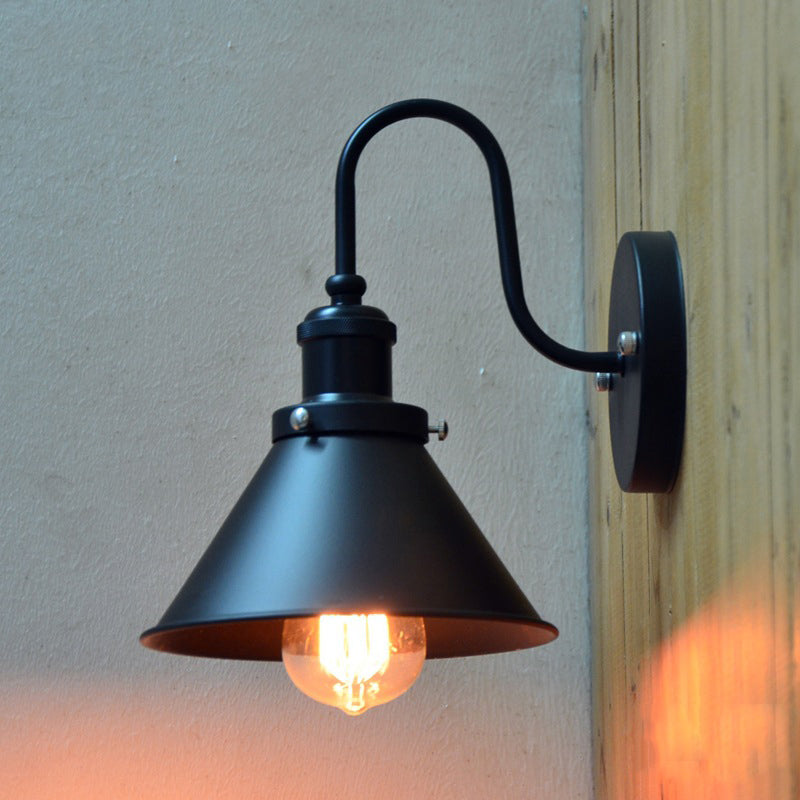 Gooseneck Metallic Wall Sconce with Cone Shade Vintage 1 Light Corridor Wall Mount Fixture in Black Clearhalo 'Art deco wall lights' 'Cast Iron' 'Glass' 'Industrial wall lights' 'Industrial' 'Middle century wall lights' 'Modern' 'Rustic wall lights' 'Tiffany' 'Traditional wall lights' 'Wall Lamps & Sconces' 'Wall Lights' Lighting' 1420195