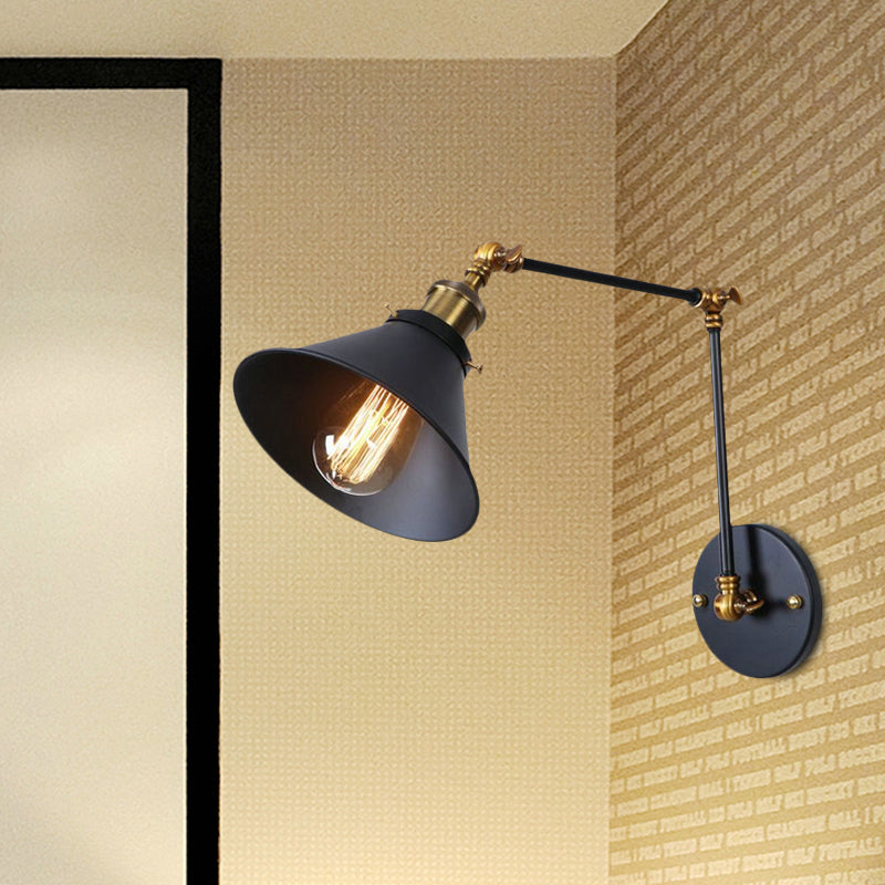 Conic Study Room Wall Sconce Industrial Metallic 1 Bulb Black/Brass Wall Lamp with Swing Arm Clearhalo 'Art deco wall lights' 'Cast Iron' 'Glass' 'Industrial wall lights' 'Industrial' 'Middle century wall lights' 'Modern' 'Rustic wall lights' 'Tiffany' 'Traditional wall lights' 'Wall Lamps & Sconces' 'Wall Lights' Lighting' 1420198