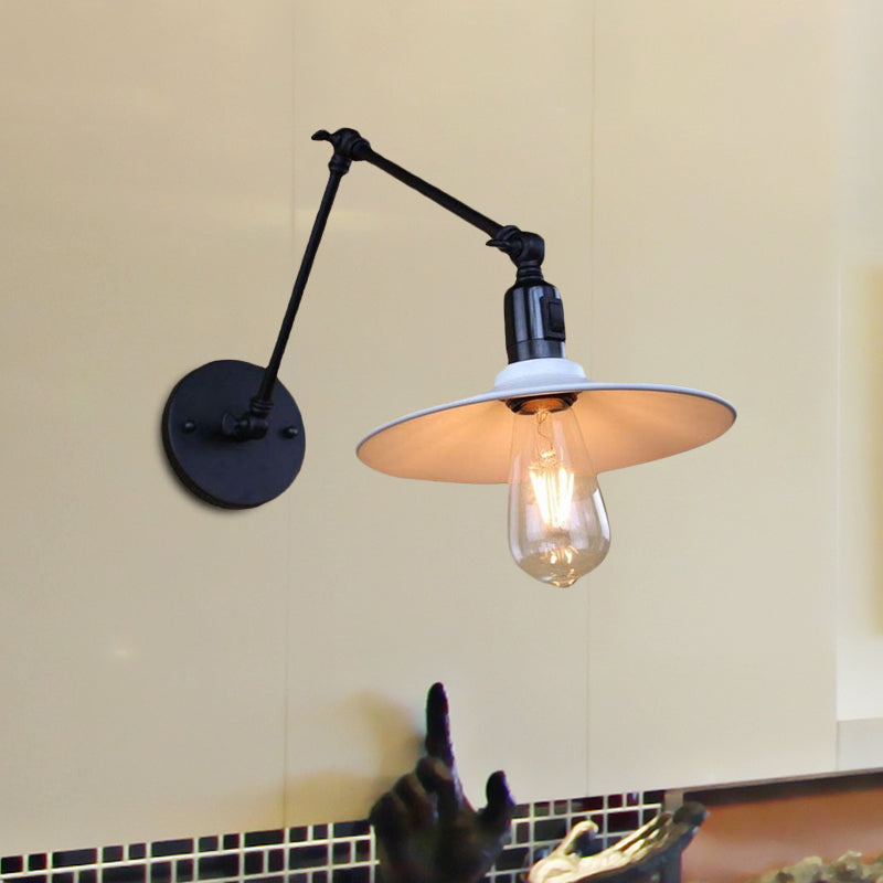 Metal Black/White Wall Sconce Swing Arm 1 Light Living Room Sconce Light Fixture with Saucer Shade Clearhalo 'Art deco wall lights' 'Cast Iron' 'Glass' 'Industrial wall lights' 'Industrial' 'Middle century wall lights' 'Modern' 'Rustic wall lights' 'Tiffany' 'Traditional wall lights' 'Wall Lamps & Sconces' 'Wall Lights' Lighting' 1420232