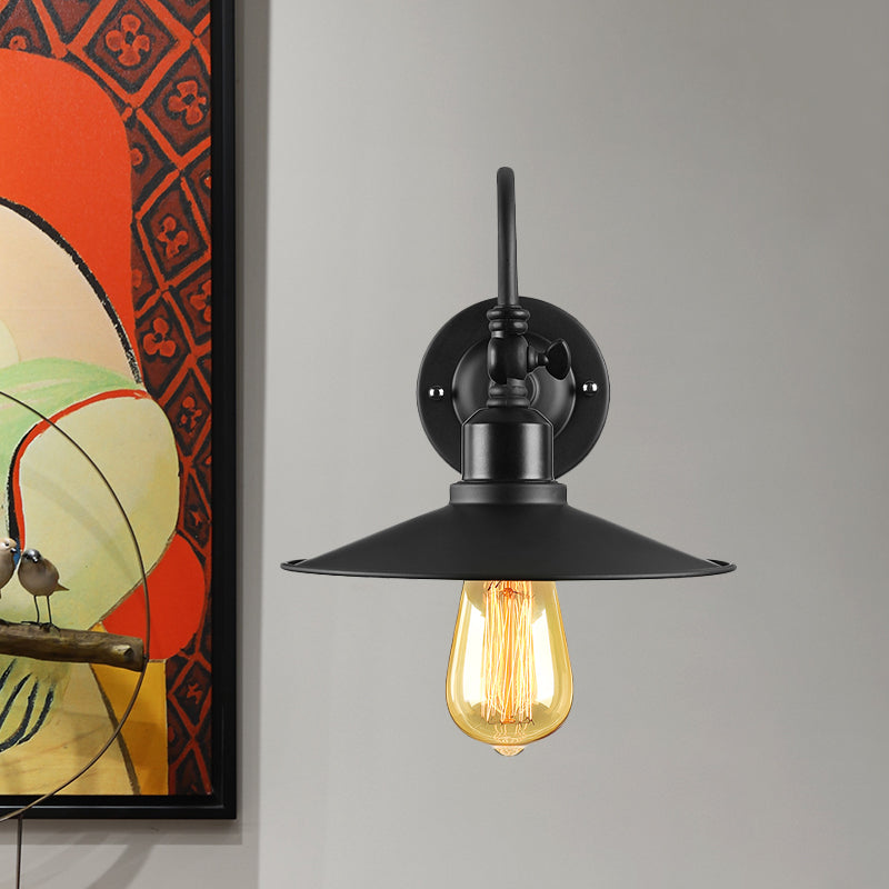 Black Finish Flared Sconce Lighting with Gooseneck Arm Loft Style Metal 1 Bulb Dining Room Wall Light Clearhalo 'Art deco wall lights' 'Cast Iron' 'Glass' 'Industrial wall lights' 'Industrial' 'Middle century wall lights' 'Modern' 'Rustic wall lights' 'Tiffany' 'Traditional wall lights' 'Wall Lamps & Sconces' 'Wall Lights' Lighting' 1420245