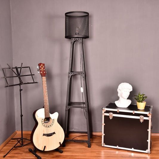 1 Head Mesh Screen Standing Light with Drum Shade Retro Industrial Black Finish Metal Standing Floor Light Clearhalo 'Floor Lamps' 'Lamps' Lighting' 1420246