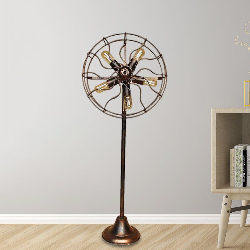 Antique Bronze Fan Design Floor Lamp with Cage Shade Rustic Loft Wrought Iron 5 Lights Indoor Floor Light Clearhalo 'Floor Lamps' 'Lamps' Lighting' 1420255
