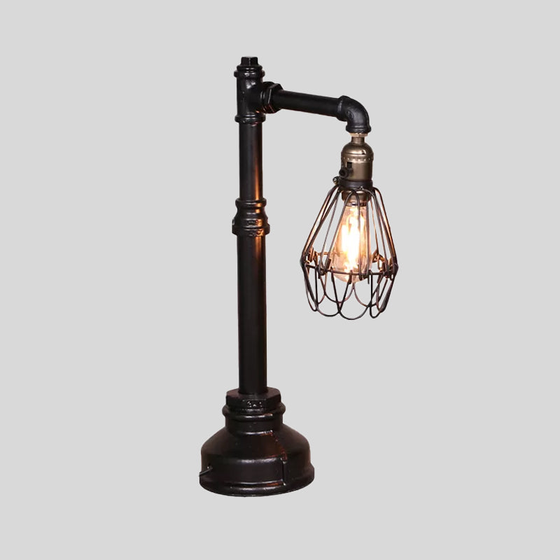 Rustic Stylish Wire Frame Table Light 1 Head Metal Standing Table Lamp with Plumbing Pipe in Black Clearhalo 'Lamps' 'Table Lamps' Lighting' 1420369