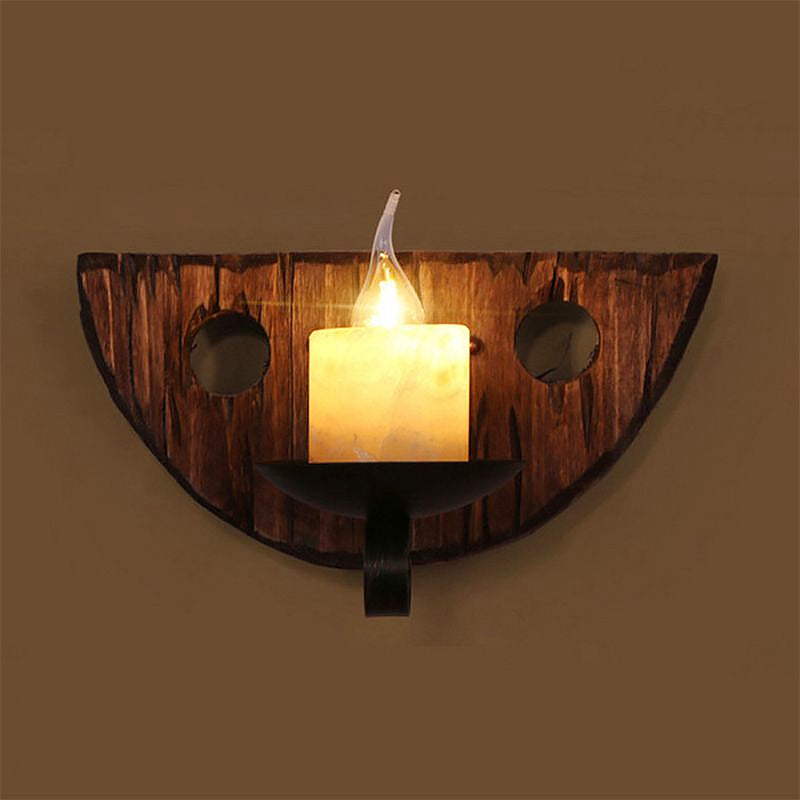 Cylinder Coffee Shop Wall Light Fixture Coastal Marble 1 Light Brown Sconce Lamp with Wooden Semicircle/Foot/Rectangle Base Clearhalo 'Industrial wall lights' 'Industrial' 'Middle century wall lights' 'Rustic wall lights' 'Tiffany' 'Wall Lamps & Sconces' 'Wall Lights' Lighting' 1420372