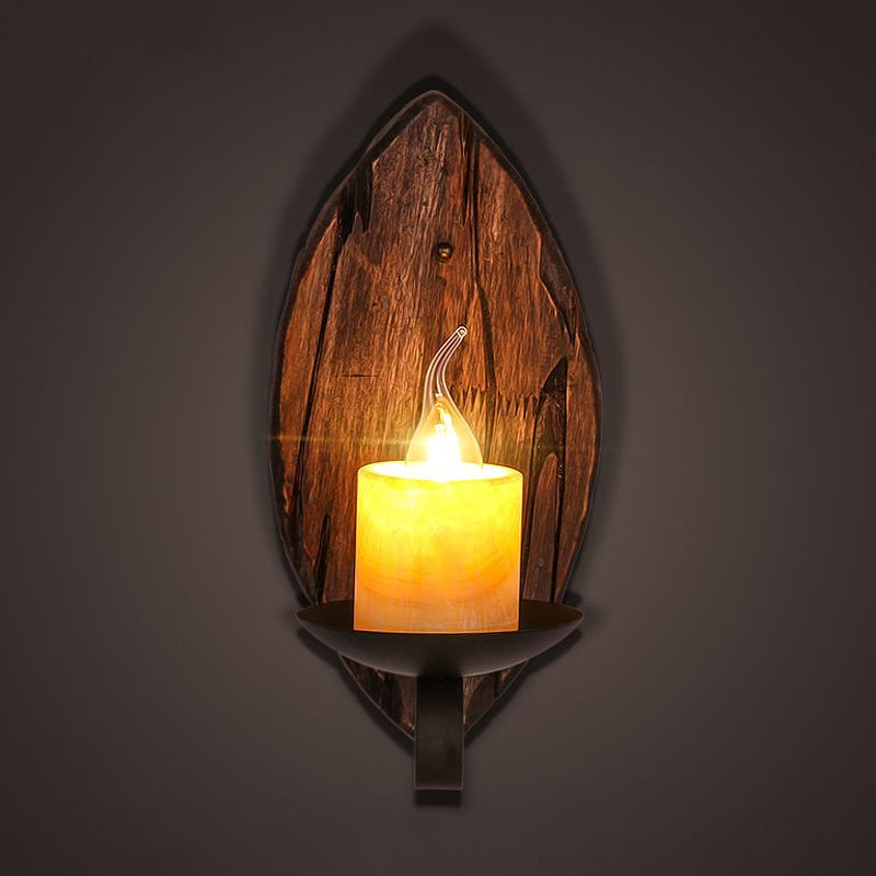 Cylinder Coffee Shop Wall Light Fixture Coastal Marble 1 Light Brown Sconce Lamp with Wooden Semicircle/Foot/Rectangle Base Clearhalo 'Industrial wall lights' 'Industrial' 'Middle century wall lights' 'Rustic wall lights' 'Tiffany' 'Wall Lamps & Sconces' 'Wall Lights' Lighting' 1420373