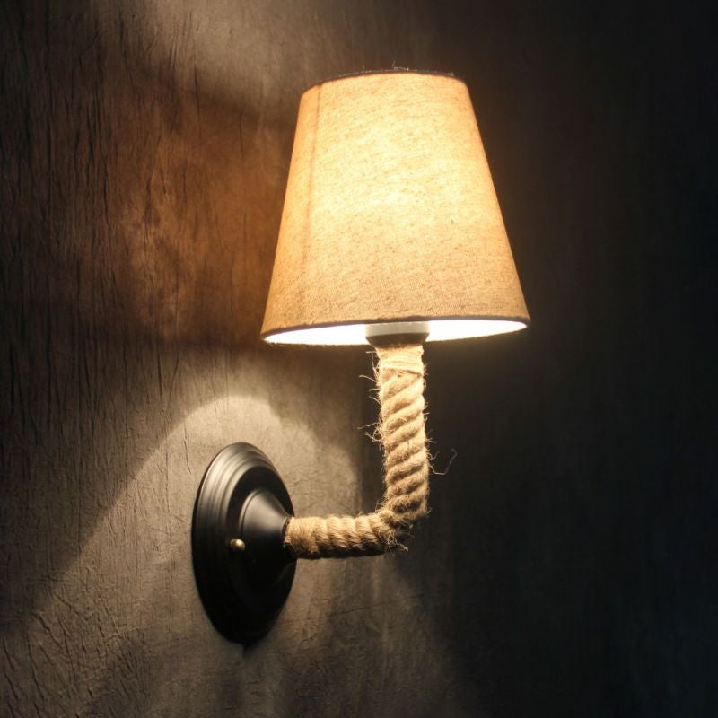 1 Light Conic Wall Sconce Lodge Style Beige Fabric Wall Lighting with Roped Curved/Angle Arm for Restaurant Clearhalo 'Art deco wall lights' 'Cast Iron' 'Glass' 'Industrial wall lights' 'Industrial' 'Middle century wall lights' 'Modern' 'Rustic wall lights' 'Tiffany' 'Traditional wall lights' 'Wall Lamps & Sconces' 'Wall Lights' Lighting' 1420385