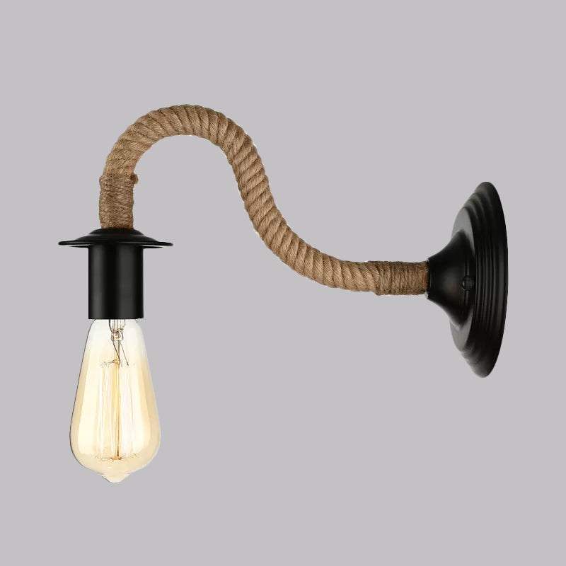 Black Finish 1 Head Wall Mount Light Industrial Roped Gooseneck Arm/Circle Wall Lighting for Balcony Clearhalo 'Art deco wall lights' 'Cast Iron' 'Glass' 'Industrial wall lights' 'Industrial' 'Middle century wall lights' 'Modern' 'Rustic wall lights' 'Tiffany' 'Traditional wall lights' 'Wall Lamps & Sconces' 'Wall Lights' Lighting' 1420391