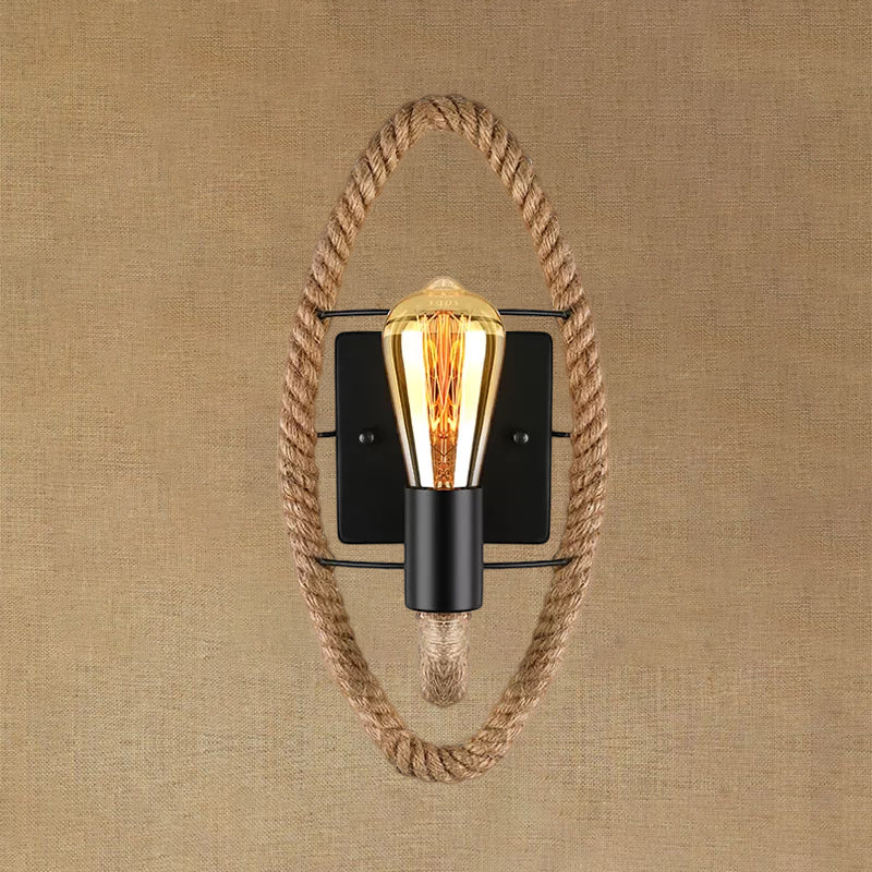 Roped Round/Oval Wall Light with Bare Bulb Nautical Style 1 Light Restaurant Wall Sconce Lighting in Black Clearhalo 'Art deco wall lights' 'Cast Iron' 'Glass' 'Industrial wall lights' 'Industrial' 'Middle century wall lights' 'Modern' 'Rustic wall lights' 'Tiffany' 'Traditional wall lights' 'Wall Lamps & Sconces' 'Wall Lights' Lighting' 1420392