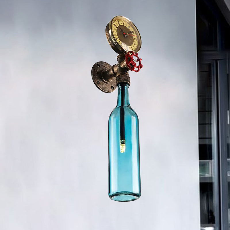 Brown/Blue Bottle Wall Sconce Lamp Vintage Stylish Glass 1 Bulb Living Room Wall Lighting with Gauge and Valve Clearhalo 'Cast Iron' 'Glass' 'Industrial wall lights' 'Industrial' 'Middle century wall lights' 'Modern' 'Tiffany' 'Traditional wall lights' 'Wall Lamps & Sconces' 'Wall Lights' Lighting' 1420394