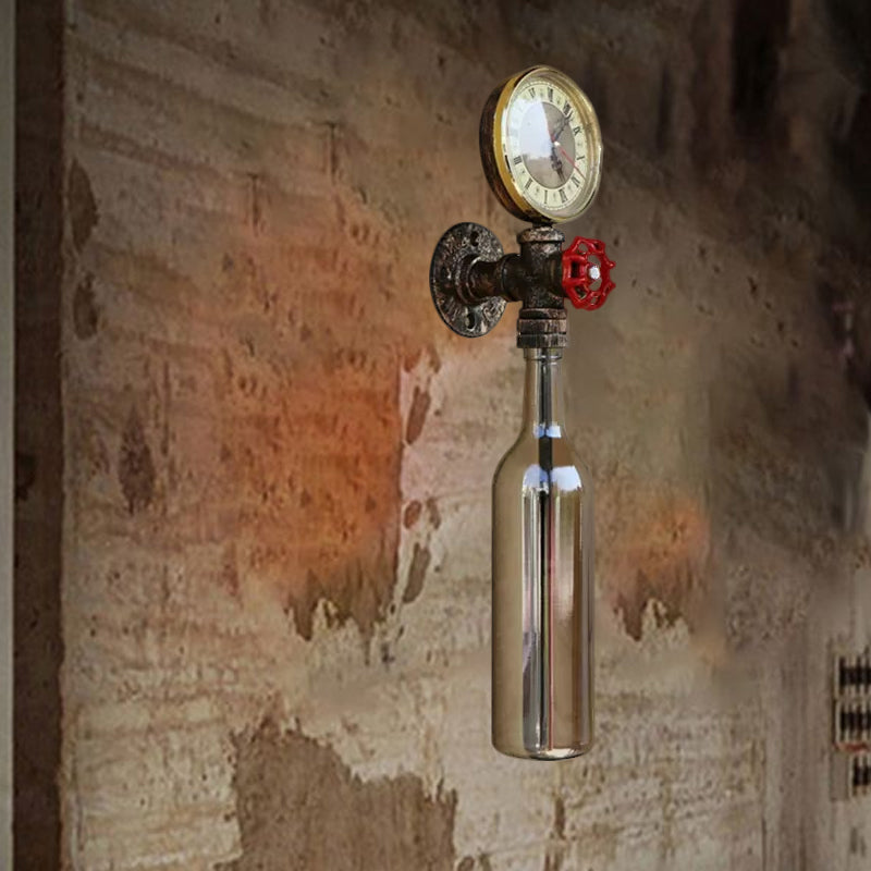Brown/Blue Bottle Wall Sconce Lamp Vintage Stylish Glass 1 Bulb Living Room Wall Lighting with Gauge and Valve Clearhalo 'Cast Iron' 'Glass' 'Industrial wall lights' 'Industrial' 'Middle century wall lights' 'Modern' 'Tiffany' 'Traditional wall lights' 'Wall Lamps & Sconces' 'Wall Lights' Lighting' 1420396