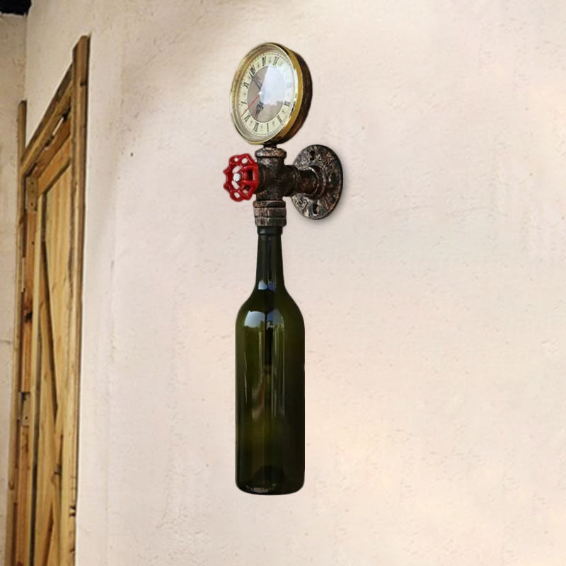 Brown/Blue Bottle Wall Sconce Lamp Vintage Stylish Glass 1 Bulb Living Room Wall Lighting with Gauge and Valve Clearhalo 'Cast Iron' 'Glass' 'Industrial wall lights' 'Industrial' 'Middle century wall lights' 'Modern' 'Tiffany' 'Traditional wall lights' 'Wall Lamps & Sconces' 'Wall Lights' Lighting' 1420397