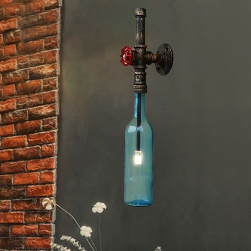 Glass Wine Bottle Wall Lighting Rustic Industrial 1 Light Restaurant Blue/Clear Wall Sconce Light with Red Valve Clearhalo 'Cast Iron' 'Glass' 'Industrial wall lights' 'Industrial' 'Middle century wall lights' 'Modern' 'Tiffany' 'Traditional wall lights' 'Wall Lamps & Sconces' 'Wall Lights' Lighting' 1420401