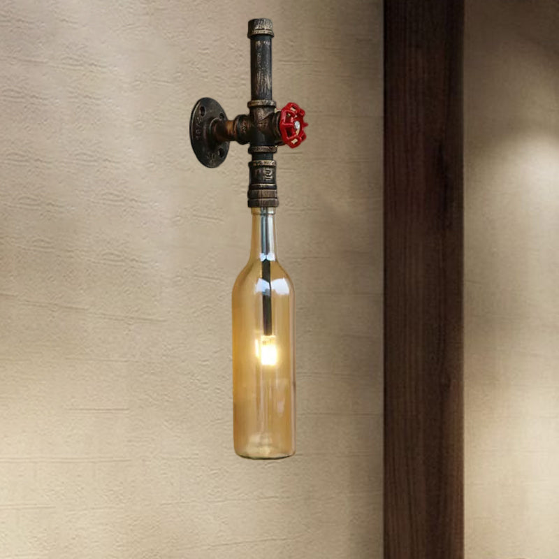 Glass Wine Bottle Wall Lighting Rustic Industrial 1 Light Restaurant Blue/Clear Wall Sconce Light with Red Valve Clearhalo 'Cast Iron' 'Glass' 'Industrial wall lights' 'Industrial' 'Middle century wall lights' 'Modern' 'Tiffany' 'Traditional wall lights' 'Wall Lamps & Sconces' 'Wall Lights' Lighting' 1420402