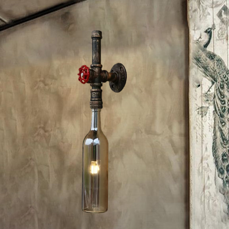 Glass Wine Bottle Wall Lighting Rustic Industrial 1 Light Restaurant Blue/Clear Wall Sconce Light with Red Valve Clearhalo 'Cast Iron' 'Glass' 'Industrial wall lights' 'Industrial' 'Middle century wall lights' 'Modern' 'Tiffany' 'Traditional wall lights' 'Wall Lamps & Sconces' 'Wall Lights' Lighting' 1420403