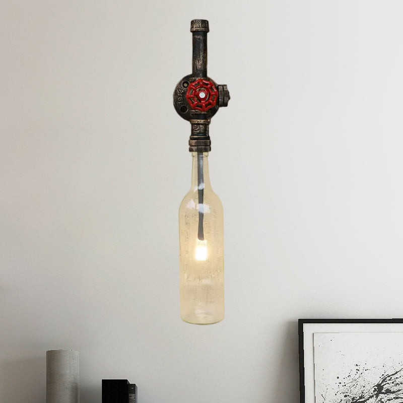 Glass Wine Bottle Wall Lighting Rustic Industrial 1 Light Restaurant Blue/Clear Wall Sconce Light with Red Valve Clearhalo 'Cast Iron' 'Glass' 'Industrial wall lights' 'Industrial' 'Middle century wall lights' 'Modern' 'Tiffany' 'Traditional wall lights' 'Wall Lamps & Sconces' 'Wall Lights' Lighting' 1420404