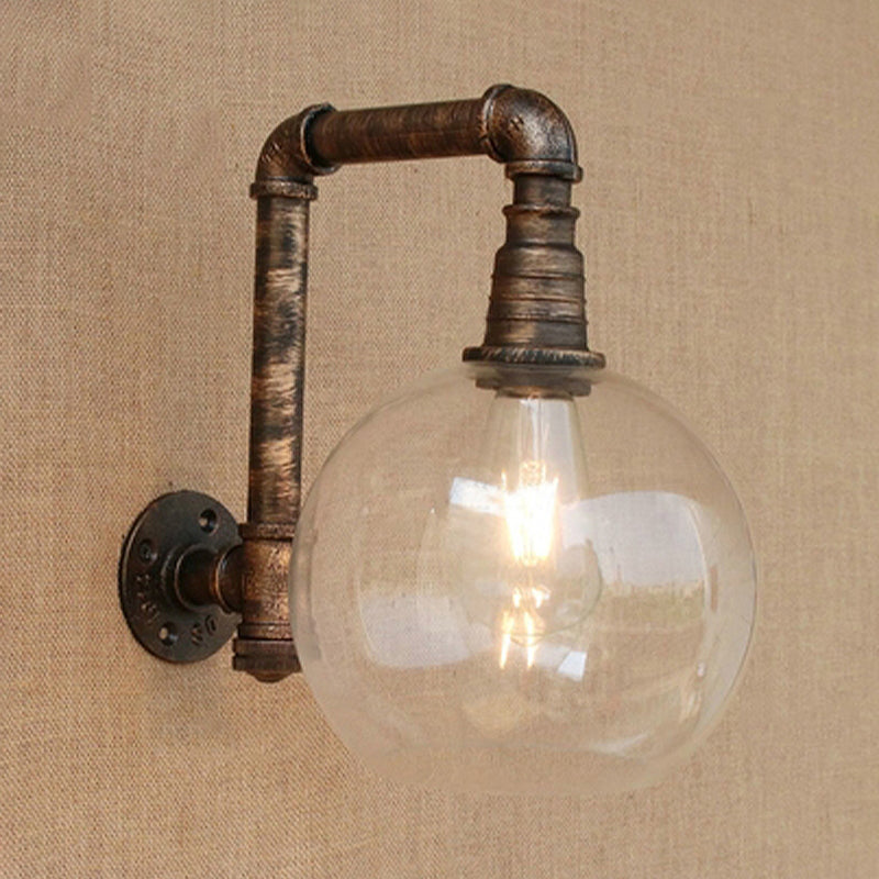 Globe Stairway Wall Lamp Industrial Clear Glass 1 Light Aged Brass Wall Mount Light with Angle Pipe, 8"/10" Width Clearhalo 'Cast Iron' 'Glass' 'Industrial wall lights' 'Industrial' 'Middle century wall lights' 'Modern' 'Tiffany' 'Traditional wall lights' 'Wall Lamps & Sconces' 'Wall Lights' Lighting' 1420405