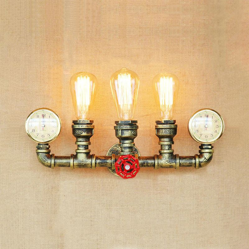 3 Lights Pipe Wall Lighting with Gauge and Valve Decoration Rustic Stylish Antique Brass Metal Wall Mount Light Clearhalo 'Art deco wall lights' 'Cast Iron' 'Glass' 'Industrial wall lights' 'Industrial' 'Middle century wall lights' 'Modern' 'Rustic wall lights' 'Tiffany' 'Traditional wall lights' 'Wall Lamps & Sconces' 'Wall Lights' Lighting' 1420409