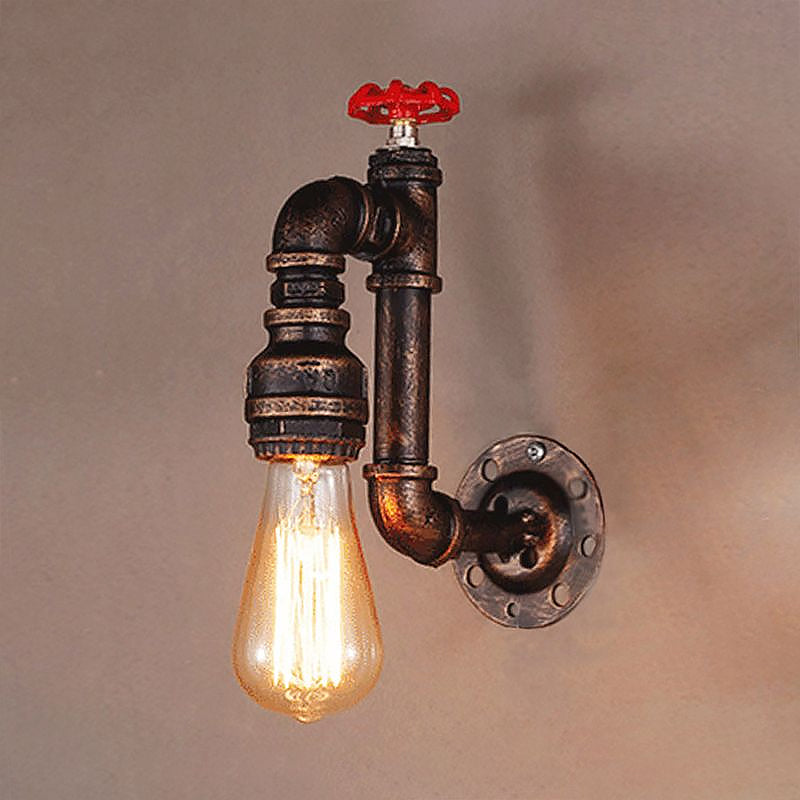 Rustic Style Piped Wall Sconce with Valve Wheel 1 Bulb Wrought Iron Wall Mounted Light in Bronze Clearhalo 'Art deco wall lights' 'Cast Iron' 'Glass' 'Industrial wall lights' 'Industrial' 'Middle century wall lights' 'Modern' 'Rustic wall lights' 'Tiffany' 'Traditional wall lights' 'Wall Lamps & Sconces' 'Wall Lights' Lighting' 1420417