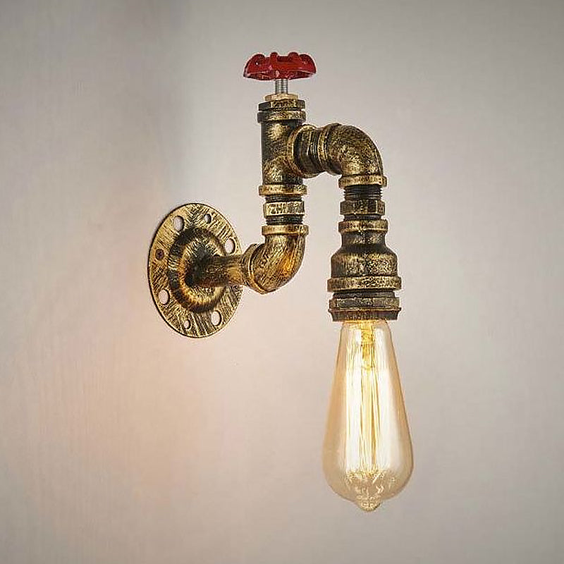 Antique Brass Faucet Shaped Wall Sconce with Valve Industrial 1 Light Living Room Wall Mount Light Clearhalo 'Art deco wall lights' 'Cast Iron' 'Glass' 'Industrial wall lights' 'Industrial' 'Middle century wall lights' 'Modern' 'Rustic wall lights' 'Tiffany' 'Traditional wall lights' 'Wall Lamps & Sconces' 'Wall Lights' Lighting' 1420418