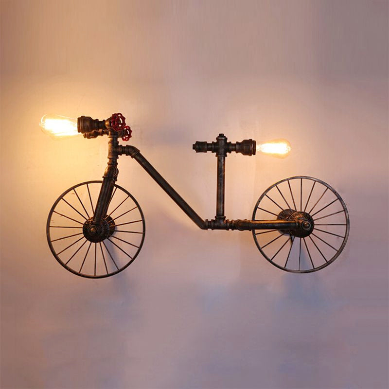 Metallic Bicycle Shaped Wall Light with Pipe Farmhouse 3 Lights Living Room Sconce Light Fixture in Antique Bronze Clearhalo 'Art deco wall lights' 'Cast Iron' 'Glass' 'Industrial wall lights' 'Industrial' 'Middle century wall lights' 'Modern' 'Rustic wall lights' 'Tiffany' 'Traditional wall lights' 'Wall Lamps & Sconces' 'Wall Lights' Lighting' 1420422
