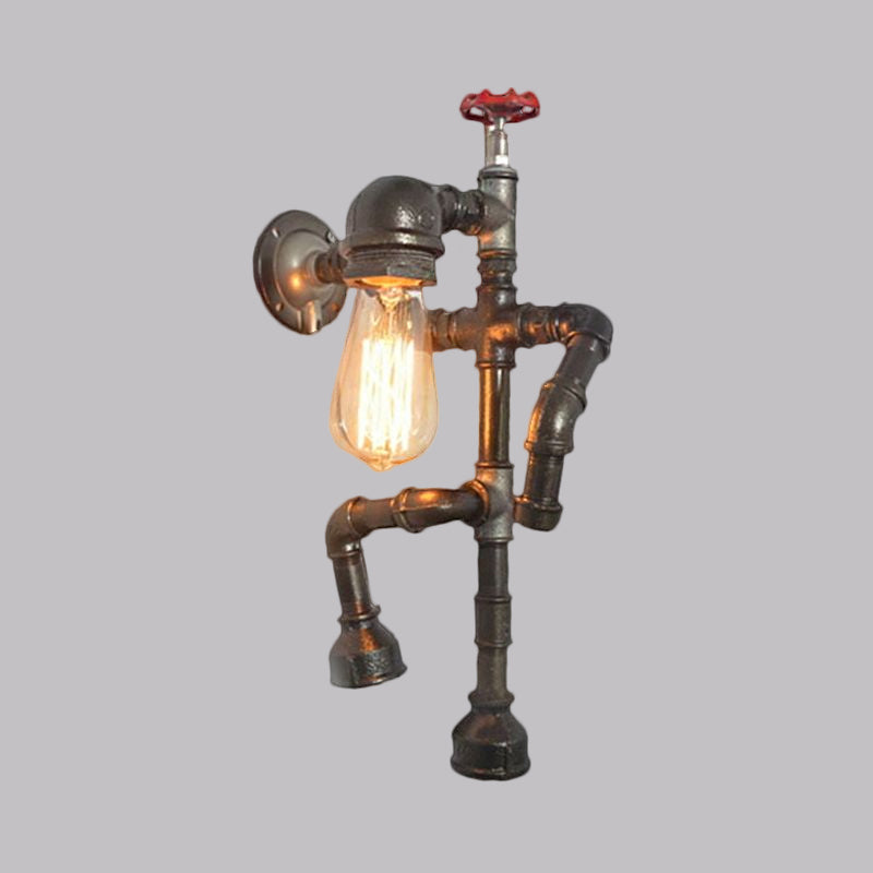 Bronze Finish Robot Sconce Light with Expose Bulb and Red Valve Vintage Metallic 1 Head Hallway Wall Lighting Clearhalo 'Art deco wall lights' 'Cast Iron' 'Glass' 'Industrial wall lights' 'Industrial' 'Middle century wall lights' 'Modern' 'Rustic wall lights' 'Tiffany' 'Traditional wall lights' 'Wall Lamps & Sconces' 'Wall Lights' Lighting' 1420425