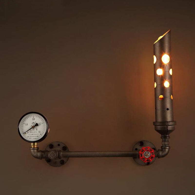 Wrought Iron Tubed Sconce Lighting with Valve and Gauge Vintage 1 Light Living Room Wall Sconce Lamp in Aged Brass/Black Clearhalo 'Art deco wall lights' 'Cast Iron' 'Glass' 'Industrial wall lights' 'Industrial' 'Middle century wall lights' 'Modern' 'Rustic wall lights' 'Tiffany' 'Traditional wall lights' 'Wall Lamps & Sconces' 'Wall Lights' Lighting' 1420428