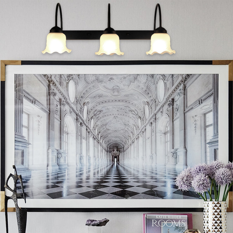 3-Bulb Wall Light with Flared Shade Opal Glass Industrial Living Room Sconce Lighting Fixture in Black White Clearhalo 'Cast Iron' 'Glass' 'Industrial' 'Modern wall lights' 'Modern' 'Tiffany' 'Traditional wall lights' 'Wall Lamps & Sconces' 'Wall Lights' Lighting' 142043