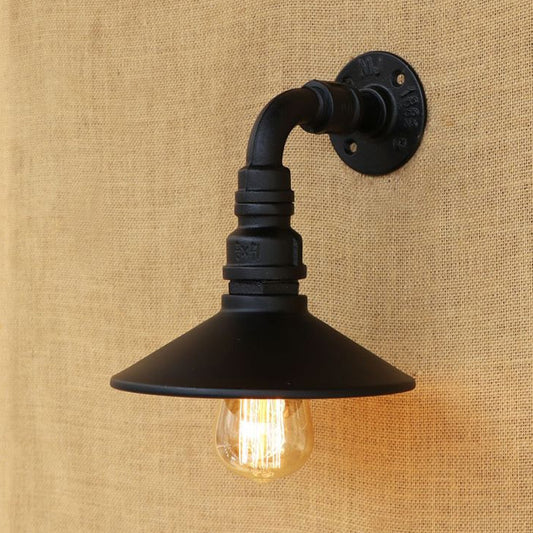 Metal Antique Brass/Black Wall Sconce Light Conic Shade 1 Light Steampunk Wall Lighting with Curved Pipe Clearhalo 'Art deco wall lights' 'Cast Iron' 'Glass' 'Industrial wall lights' 'Industrial' 'Middle century wall lights' 'Modern' 'Rustic wall lights' 'Tiffany' 'Traditional wall lights' 'Wall Lamps & Sconces' 'Wall Lights' Lighting' 1420432